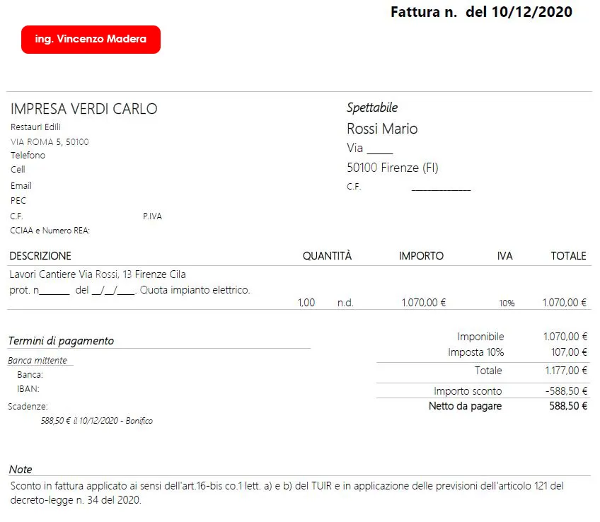esempio modello fattura sconto in fattura e cessione credito