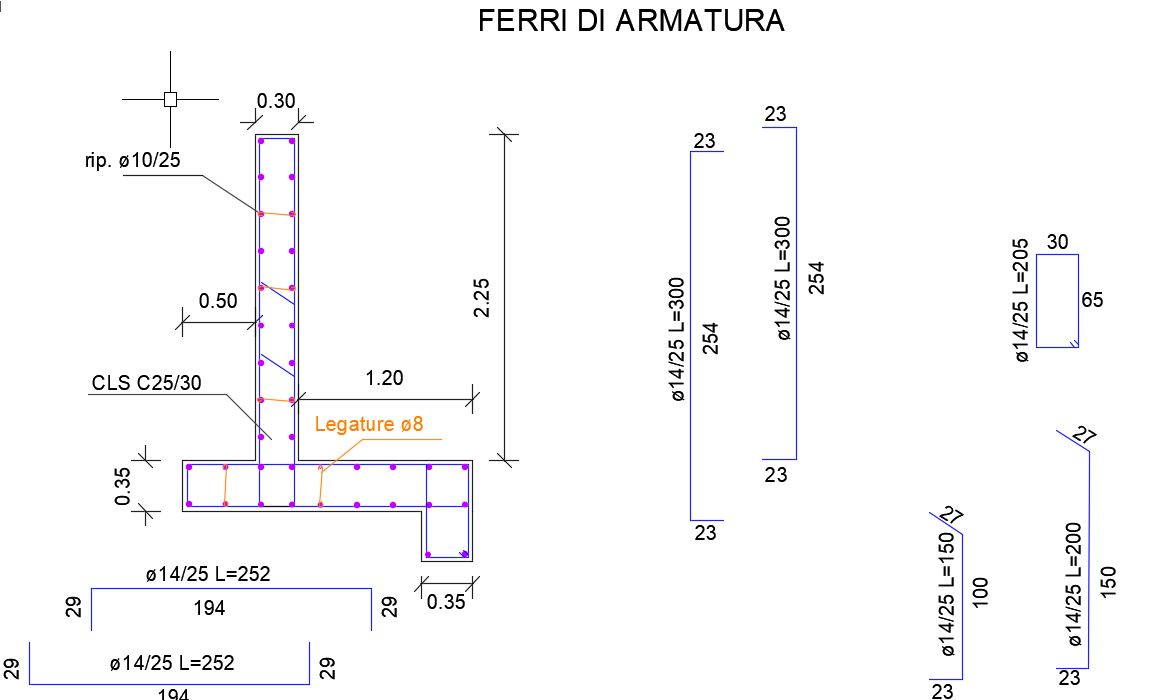 ferri armatura muro di contenimento sezione